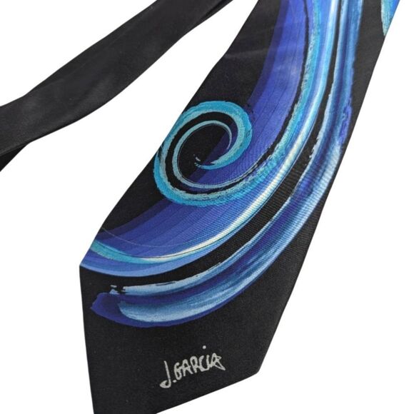 J. Garcia Butterfly Study Watercolor Black Blue Turquoise Silk Mens Neck Tie - Picture 3 of 4